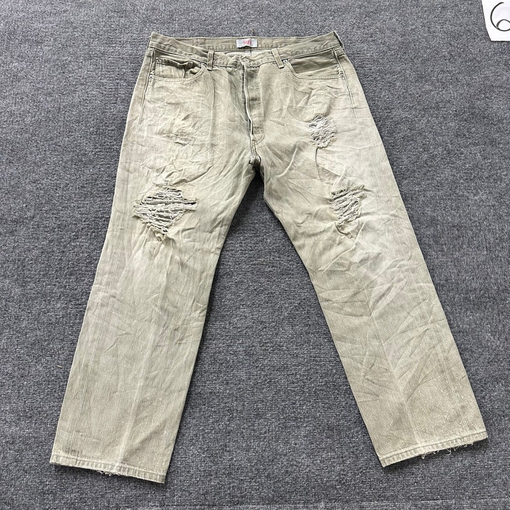 Levi's 501 Jeans Mens Size 40 Khaki Green Distressed Straight Fit Cotton Denim